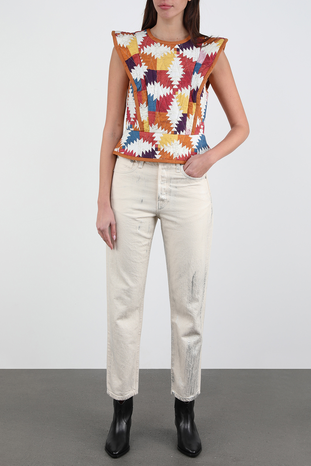 מכנסי ג'ינס מאיה כתמי כסף בגוון שמנת